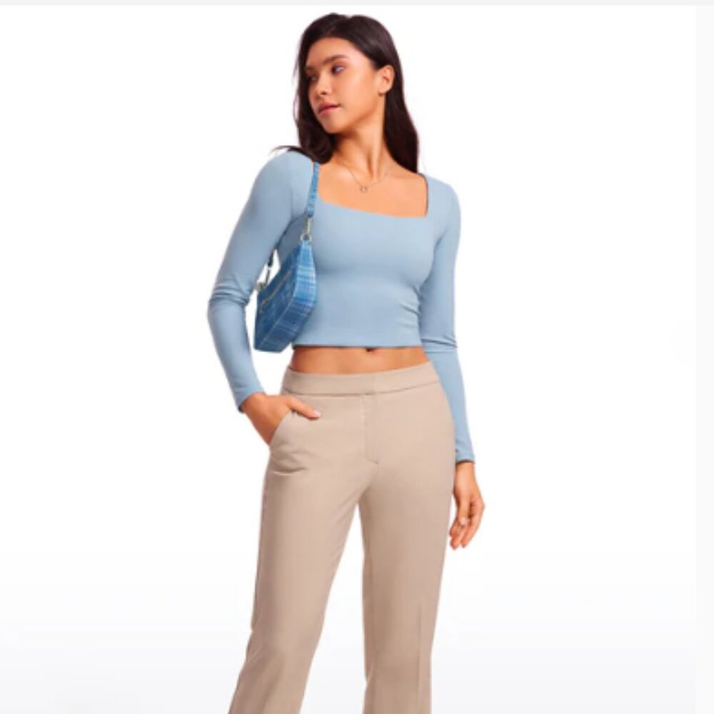 NWT CRZ YOGA Butterluxe Lined Crop Top Long Sleeves Square Neck Cambric Blue #14 - Picture 3 of 5